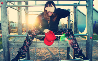 Playground bench woman hat city - a red hat free wallpaper