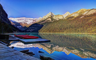Lake dock mountains redcanoe photorealism - red free wallpaper for desktop