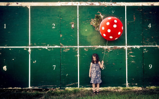 Little girl red balloon green - pop surrealism free wallpaper