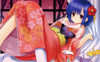 Kimono butterfly flower anime bluehair - a woman in a kimono free wallpaper