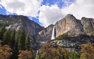 Waterfall mountains trees cloudy sky - ansel adams free wallpaper