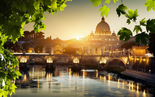 River bridge building sunset cityscape - a few light free wallpaper