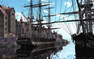 Ship harbor castle birds matte - the sky free wallpaper