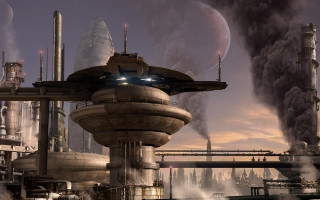 Futuristic city smoke bridge matte - a bridge in the foreground free wallpaper