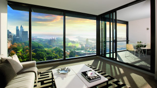 Living room city ocean view - photorealism free wallpaper