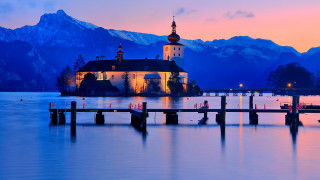 Church lake mountains sunset dock - beautiful landscape free wallpaper