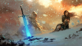 Woman sitting snowy hill sword - epic fantasy free wallpaper