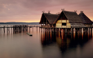 House pier boat sunset mountain - ferenc joachim free wallpaper