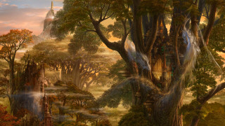 Forest tower waterfall autumn matte - a painting of a forest free wallpaper