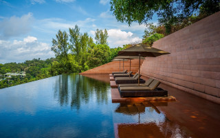 Lounge chairs pool umbrella nature - a view free wallpaper