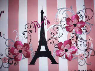 Pink white striped wall eiffel - paris school free wallpaper