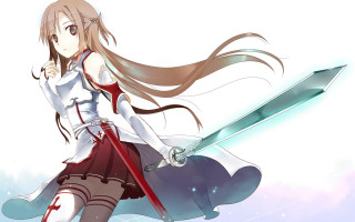 Woman sword armor anime fantasy - a sky background behind her free wallpaper