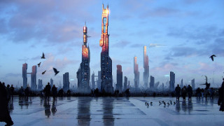 Group people tall building retrofuturism - matte painting concept art free wallpaper