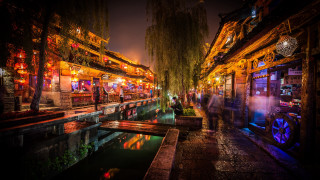 Canal night lights autumn bridge - the sidewalk free wallpaper