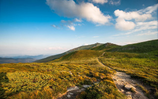 Grassy hill trail clouds blue - a grassy hill free wallpaper