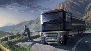 Mountain road truck man outdoors - a mountain range in the background free wallpaper