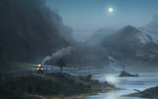 Mountain train fullmoon river night - mountainous free wallpaper
