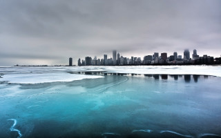 City skyline frozen lake winter 3 - a few wave free wallpaper