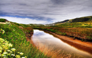 River hillside flowers mountain sunset - naturalism free wallpaper