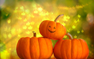 Pumpkins carved faces 3D render - a table in front free wallpaper