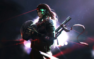 Futuristic woman cyberpunk gun microphone - shining behind her free wallpaper