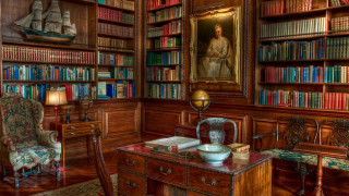 Library desk chair bookshelf painting - rembrandt free wallpaper