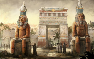 Egyptian statues gate figures cityscape - a gate free wallpaper