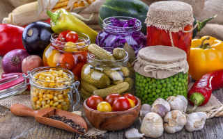 Vegetables fruits glass jars burlap - professional food photography free wallpaper for desktop