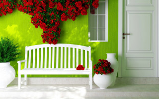 White bench green wall red - rich vivid color free wallpaper