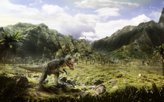 Dinosaur field mountains trees bird - adam rex free wallpaper