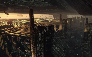 Futuristic city tall buildings lights 2 - matte painting concept art free wallpaper