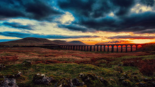 Train green field cloudy sunset - sunset free wallpaper