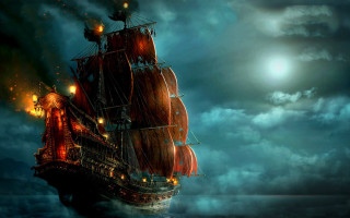 Pirate ship ocean moon starry - a full moon in the background free wallpaper