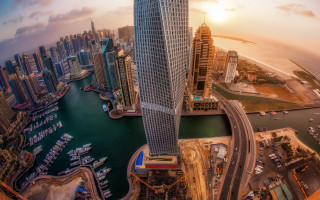 Skyscraper cityscape waterboats tiltshift asia - over a city next free wallpaper