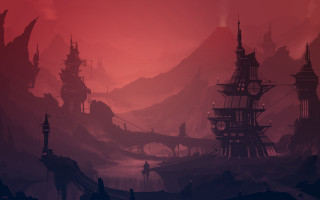 Futuristic city red sky mountains - anton fadeev free wallpaper