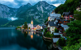 Scenic town lake mountains dusk 2 - a church free wallpaper