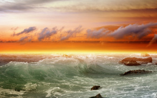 Sunset ocean waves rocks foreground 3 - wave free wallpaper