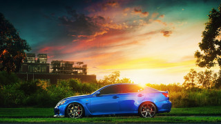 Blue car grass field sunset - a grassy field free wallpaper