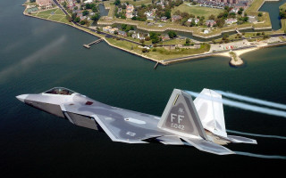 Fighterjet city water jetboat precisionism - over a city next free wallpaper