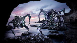 Surrealist biopunk androidjones glowing mecha - top of a beach next free wallpaper