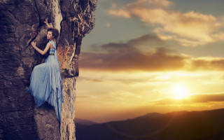 Woman blue dress mountain sunset - a mountain side free wallpaper