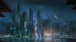 Futuristic city night moon matte - matte painting concept art free wallpaper