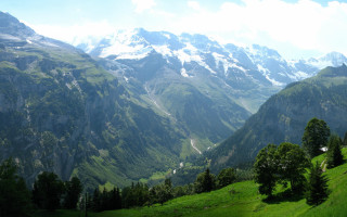 Mountain range valley snow capped 2 - panoramic free wallpaper for desktop