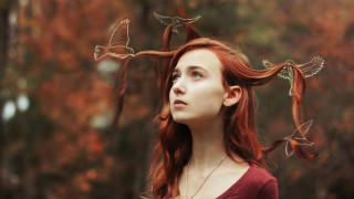 Red haired woman birds antlers - surreal photography free wallpaper