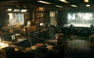 Cyberpunk library cityscape bridge windows - cedric peyravernay free wallpaper
