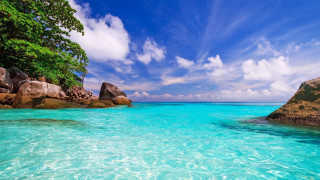 Blue ocean rocks clouds beach - rock and water free wallpaper