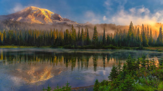 Mountain lake forest sunset sky 7 - a lake in front free wallpaper