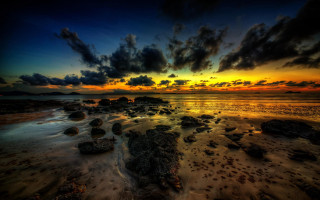 Sunset beach rocks water mountain - rock and water free wallpaper
