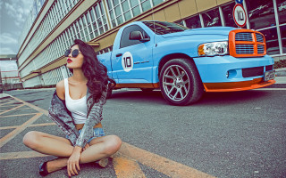 Woman blue truck parking lot - the ground next free wallpaper