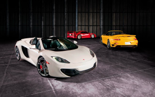 Three colored sports cars garage - rich vivid color free wallpaper